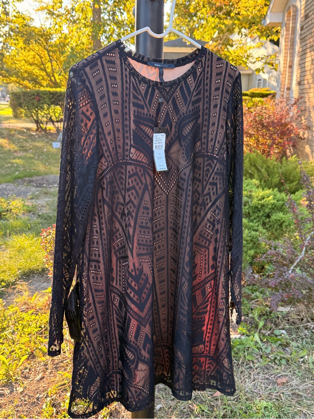 BCBGMaxAzria Black Sheer Geometric Lace Long-Sleeve Dress